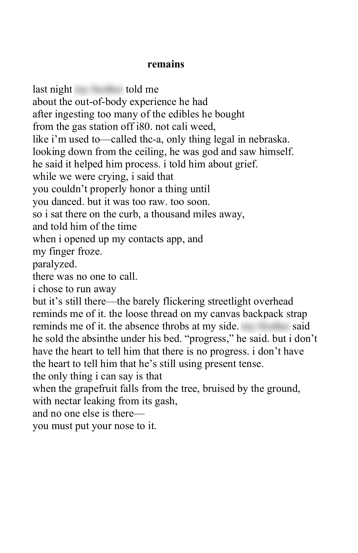 Assorted poems for collage, page 2, the poem remains, with two phrases blurred