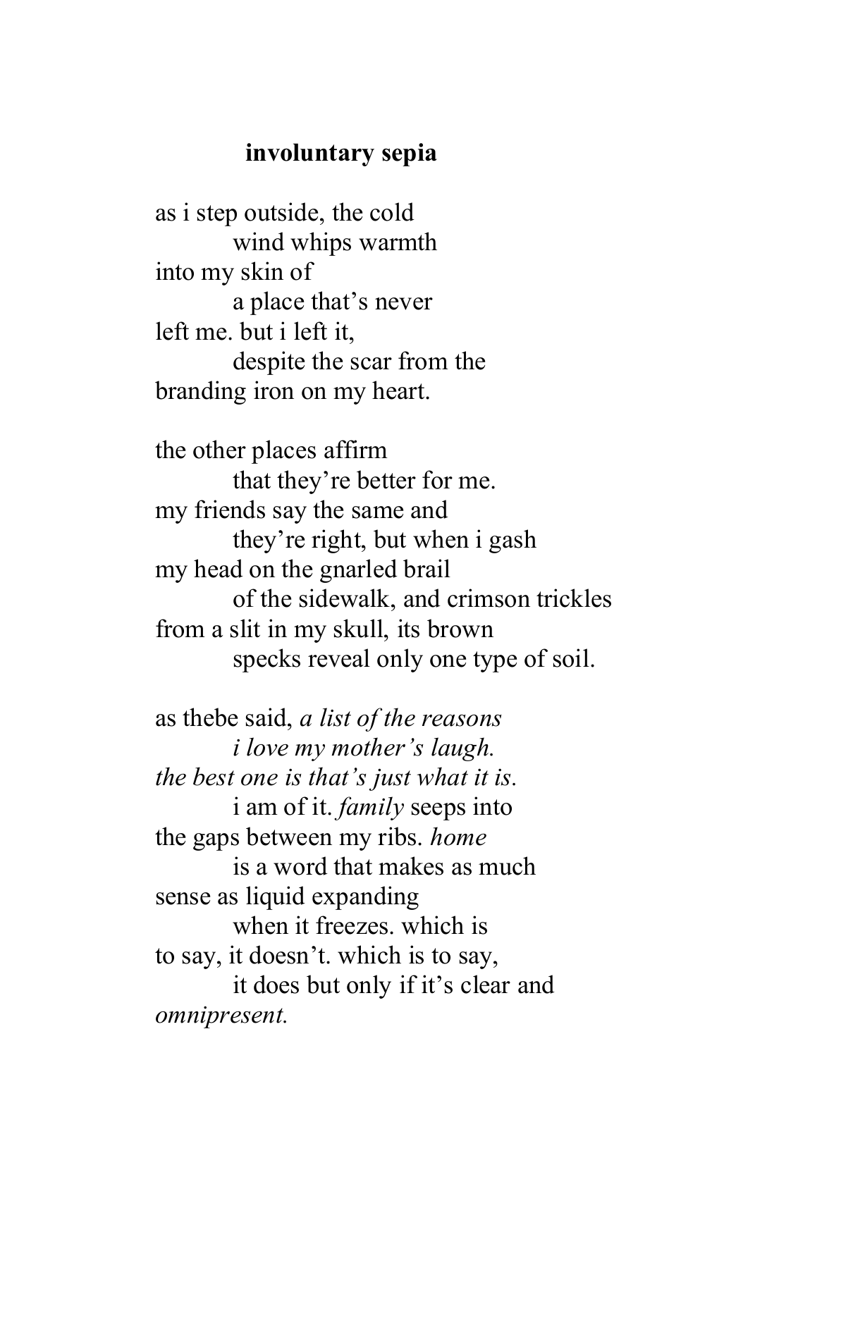 Assorted poems for collage, page 3, the poem involuntary sepia