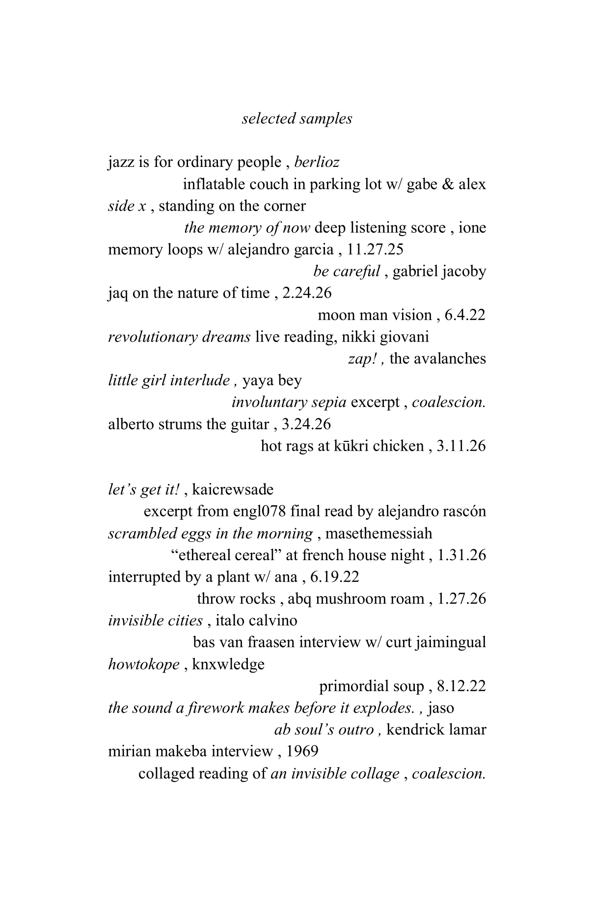 Interior page three: selected samples included in the sound collage