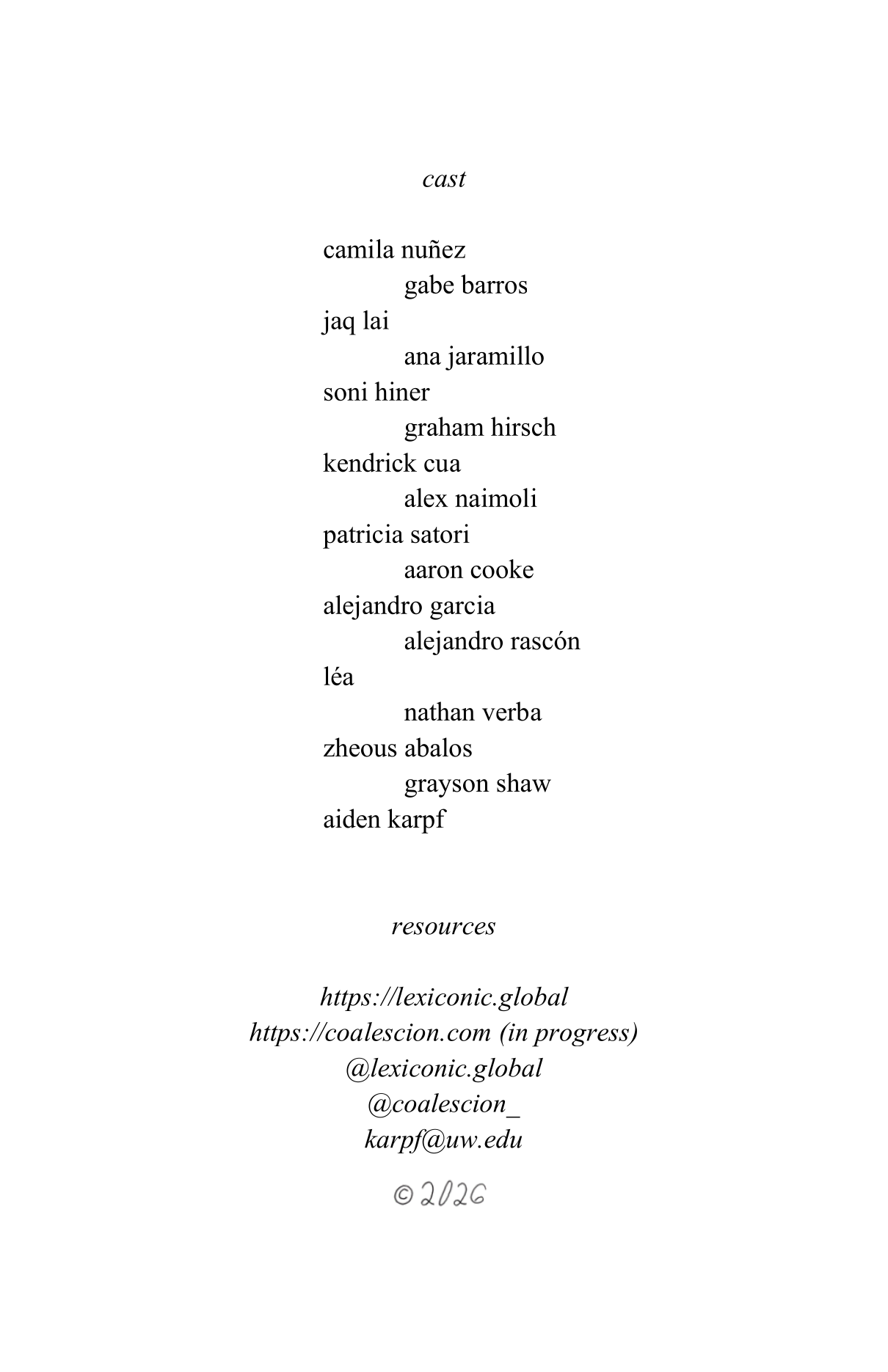 Back cover listing the cast, resources, and contact information